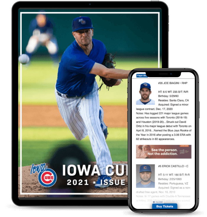 Iowa Cubs Digital Program Guide on an iPad and iPhone